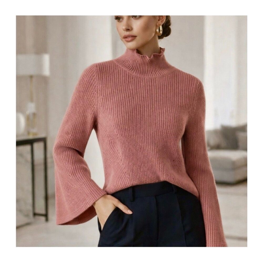 525 AMERICA Mock Neck Bell Sleeve Sweater M Medium Ribbed Knit Pullover